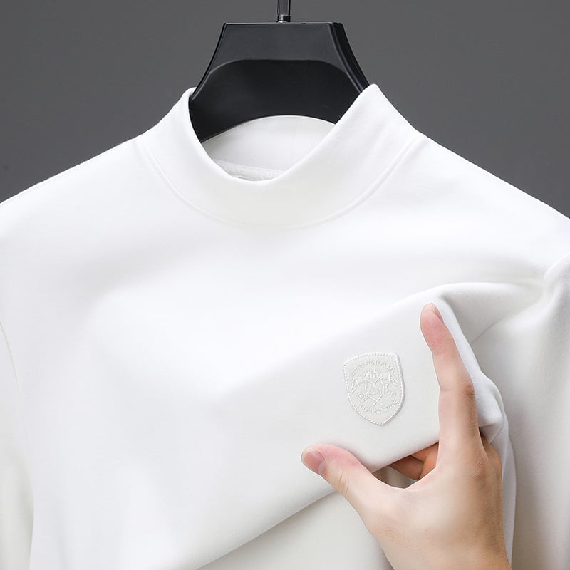 Pamutkeverék anyagú póló hímzett emblémával, kerek nyakú, hosszú ujjú, ősz-téli szezonra