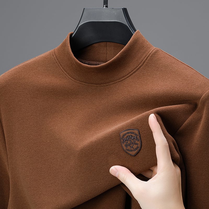 Pamutkeverék anyagú póló hímzett emblémával, kerek nyakú, hosszú ujjú, ősz-téli szezonra