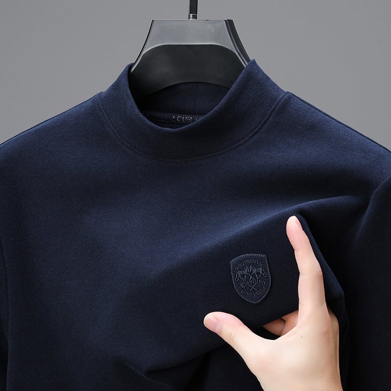 Pamutkeverék anyagú póló hímzett emblémával, kerek nyakú, hosszú ujjú, ősz-téli szezonra