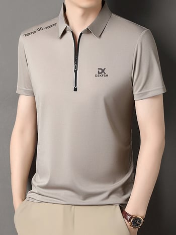 Férfi zipzáros polo ing, galléros, rövid ujjú, nyárra tervezve, poliészter-keverék, egységes minta, bő szabás