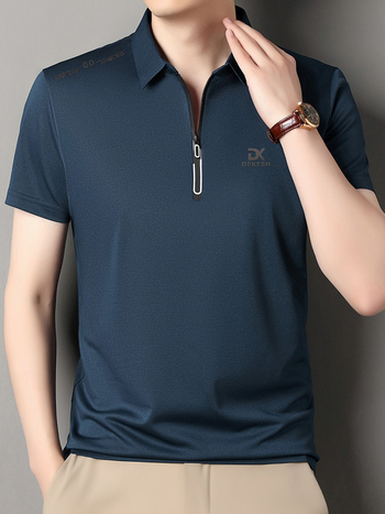 Férfi zipzáros polo ing, galléros, rövid ujjú, nyárra tervezve, poliészter-keverék, egységes minta, bő szabás
