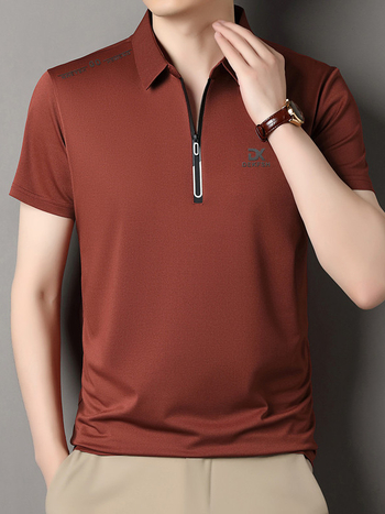 Férfi zipzáros polo ing, galléros, rövid ujjú, nyárra tervezve, poliészter-keverék, egységes minta, bő szabás