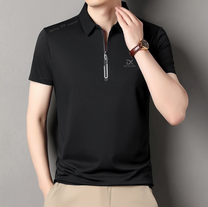 Férfi zipzáros polo ing, galléros, rövid ujjú, nyárra tervezve, poliészter-keverék, egységes minta, bő szabás
