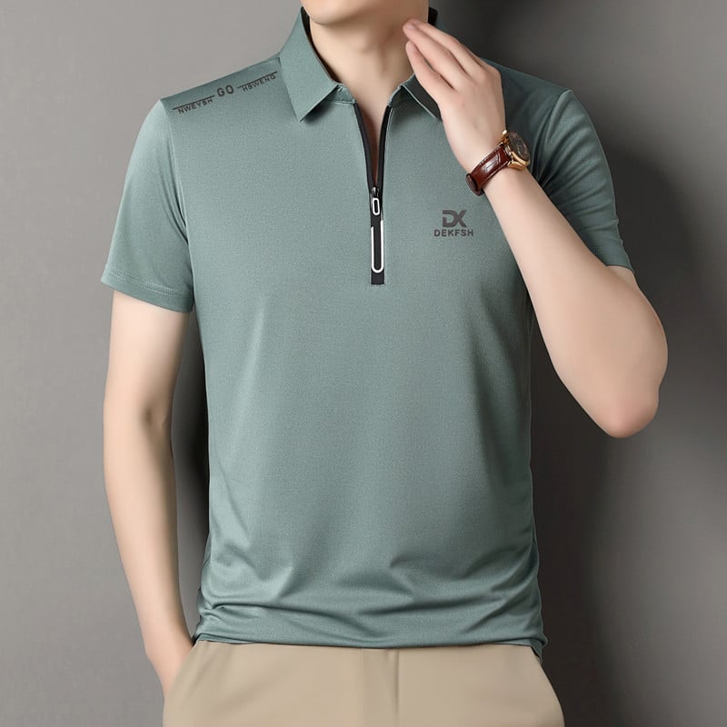 Férfi zipzáros polo ing, galléros, rövid ujjú, nyárra tervezve, poliészter-keverék, egységes minta, bő szabás