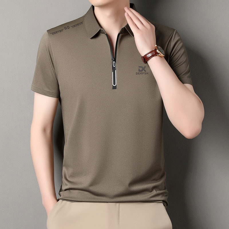 Férfi zipzáros polo ing, galléros, rövid ujjú, nyárra tervezve, poliészter-keverék, egységes minta, bő szabás