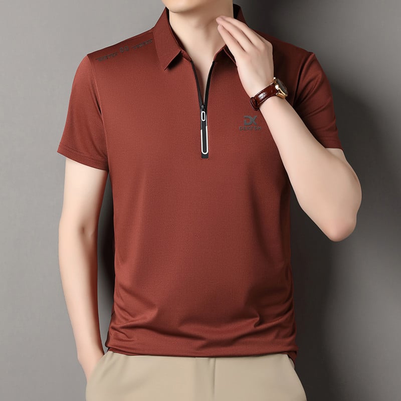 Férfi zipzáros polo ing, galléros, rövid ujjú, nyárra tervezve, poliészter-keverék, egységes minta, bő szabás