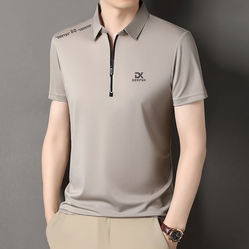 Férfi zipzáros polo ing, galléros, rövid ujjú, nyárra tervezve, poliészter-keverék, egységes minta, bő szabás
