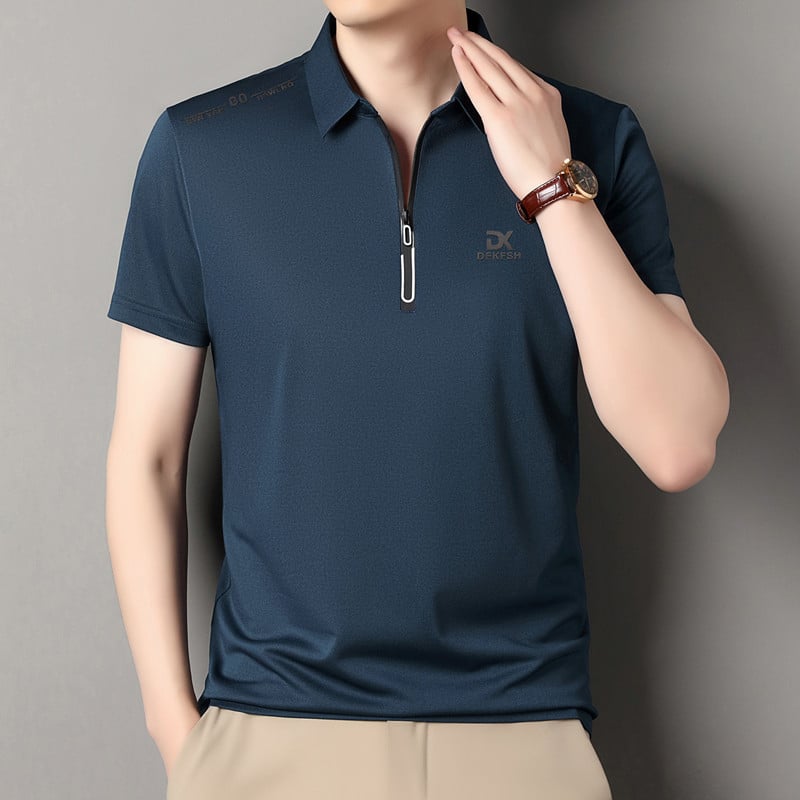 Férfi zipzáros polo ing, galléros, rövid ujjú, nyárra tervezve, poliészter-keverék, egységes minta, bő szabás