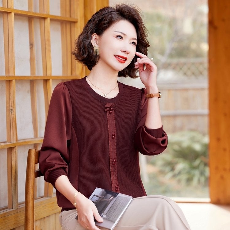 Pikkade varrukatega kudumine top kevadeks 2025 — puuvill-poliesteri kangas, trükk, ümmargune kaelus, tavaline pikkus (50–65 cm), lihtne stiil