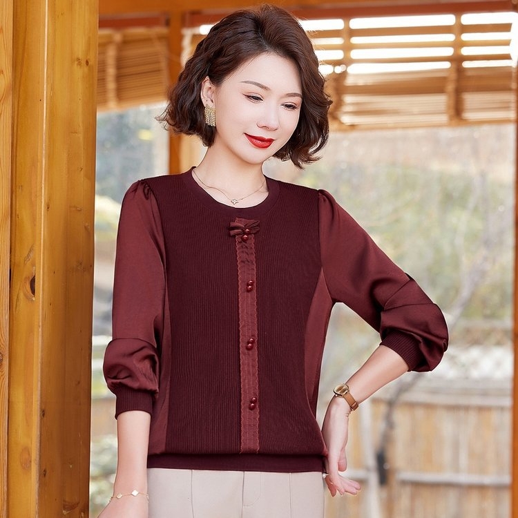 Pikkade varrukatega kudumine top kevadeks 2025 — puuvill-poliesteri kangas, trükk, ümmargune kaelus, tavaline pikkus (50–65 cm), lihtne stiil