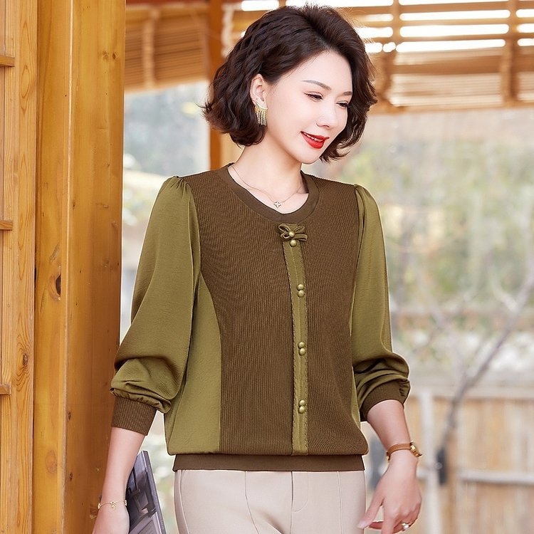 Pikkade varrukatega kudumine top kevadeks 2025 — puuvill-poliesteri kangas, trükk, ümmargune kaelus, tavaline pikkus (50–65 cm), lihtne stiil