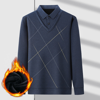 Zimsko muško T-shirt s flisom, lažni dvodijelni dizajn, debeli ležerni komad s ovratnikom, toplo za muškarce srednje dobi