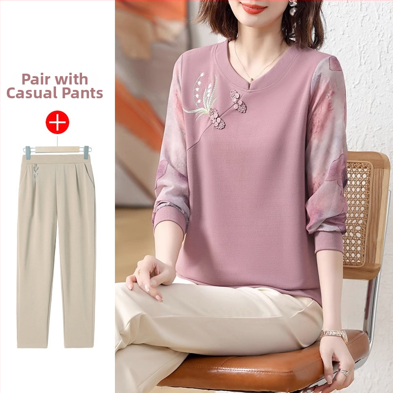 Igapäevane kootud pikkade varrukatega top, ümmarguse kaelusega, tikandiga, polüesterkiududest kangas >95% sisaldusega, kevad-2025 kollektsioon