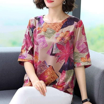 Majica s floralnim printom, okrugli vrat, 3/4 rukav, poliester, pulover stil