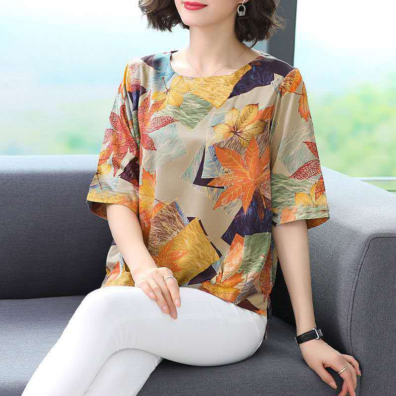 Majica s floralnim printom, okrugli vrat, 3/4 rukav, poliester, pulover stil