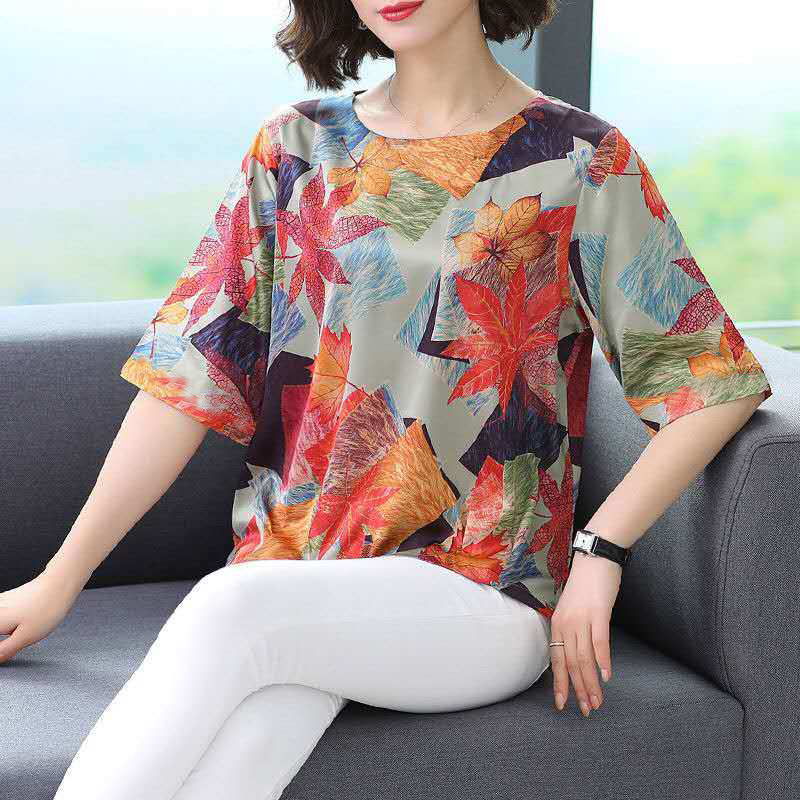 Majica s floralnim printom, okrugli vrat, 3/4 rukav, poliester, pulover stil