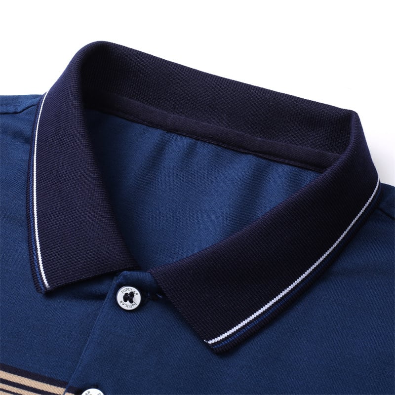 Férfi hosszú ujjú poloing — csíkos, gallér típusú lapel, laza szabás, pamut-keverék, városi stílus