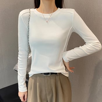 Ženski pamuk-elastan donji sloj majica, uski kroj, okrugli izrez, dugi rukavi, standardna duljina