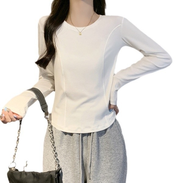 Ženski pamuk-elastan donji sloj majica, uski kroj, okrugli izrez, dugi rukavi, standardna duljina