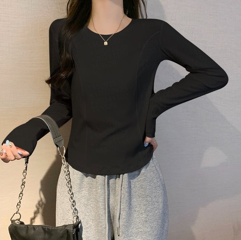 Ženski pamuk-elastan donji sloj majica, uski kroj, okrugli izrez, dugi rukavi, standardna duljina