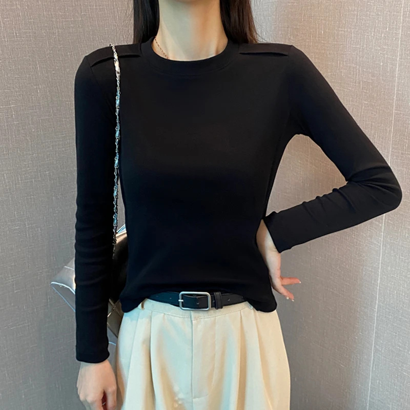 Ženski pamuk-elastan donji sloj majica, uski kroj, okrugli izrez, dugi rukavi, standardna duljina