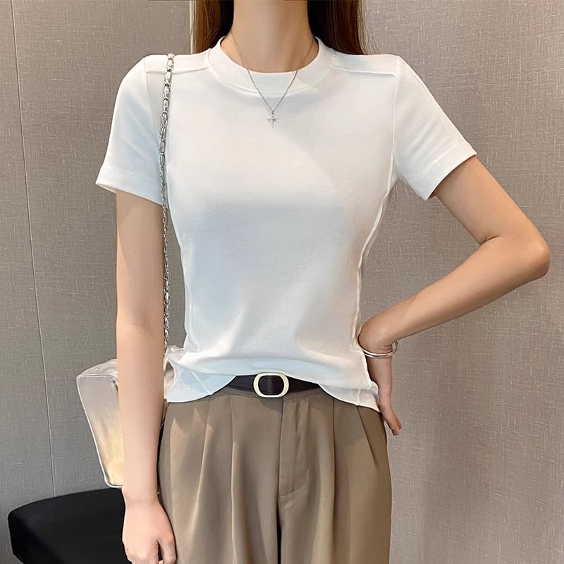 Ženski pamuk-elastan donji sloj majica, uski kroj, okrugli izrez, dugi rukavi, standardna duljina