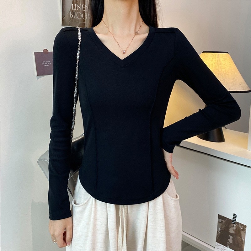 Ženski pamuk-elastan donji sloj majica, uski kroj, okrugli izrez, dugi rukavi, standardna duljina