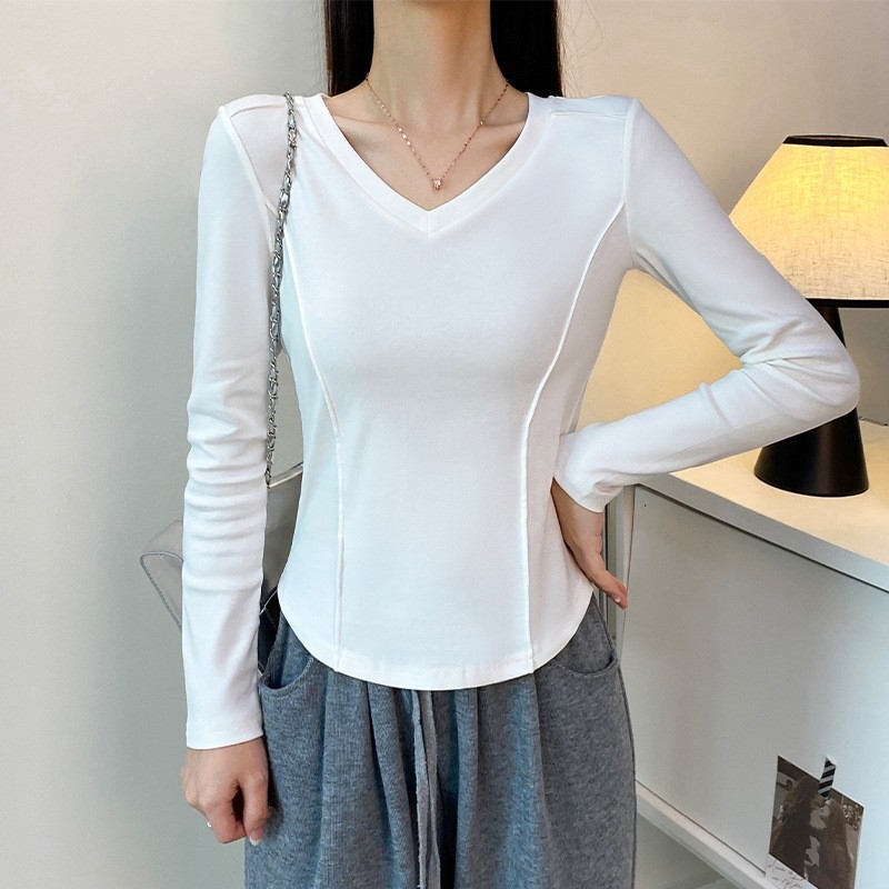 Ženski pamuk-elastan donji sloj majica, uski kroj, okrugli izrez, dugi rukavi, standardna duljina