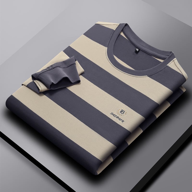 Férfi hosszú ujjú pamutkeverék póló kereknyakú, csíkos mintával és hímzéssel