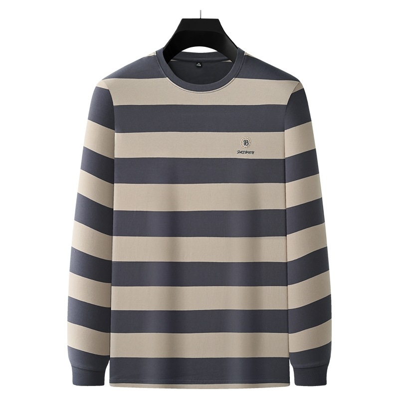 Férfi hosszú ujjú pamutkeverék póló kereknyakú, csíkos mintával és hímzéssel