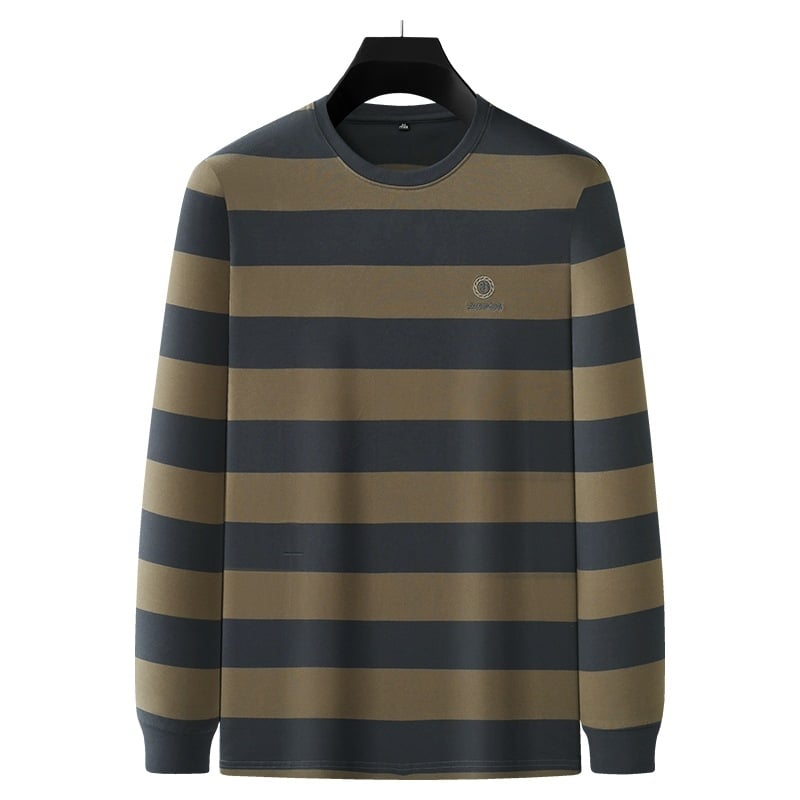 Férfi hosszú ujjú pamutkeverék póló kereknyakú, csíkos mintával és hímzéssel