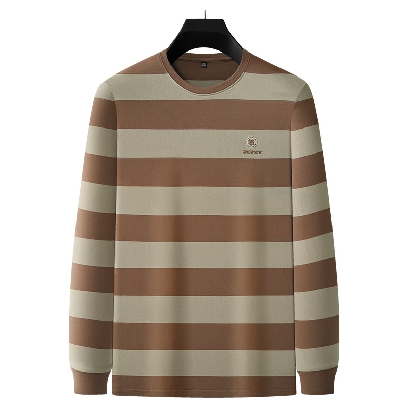 Férfi hosszú ujjú pamutkeverék póló kereknyakú, csíkos mintával és hímzéssel