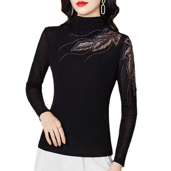 Női hímzett nylon háló felső, hosszú ujjú, karcsúsított fazon, fél magas gallér