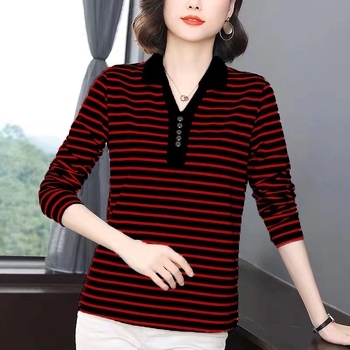 Női hosszú ujjú póló gallérral, csíkos mintázat, laza szabás, 95% poliészter