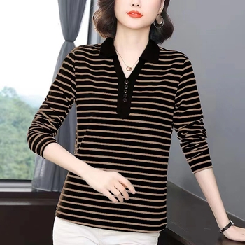Női hosszú ujjú póló gallérral, csíkos mintázat, laza szabás, 95% poliészter