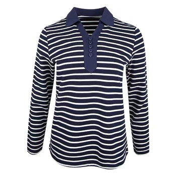 Női hosszú ujjú póló gallérral, csíkos mintázat, laza szabás, 95% poliészter
