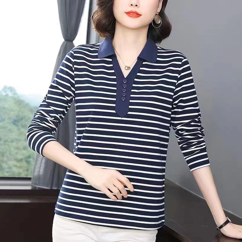 Női hosszú ujjú póló gallérral, csíkos mintázat, laza szabás, 95% poliészter