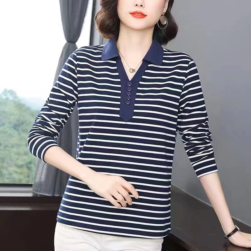 Női hosszú ujjú póló gallérral, csíkos mintázat, laza szabás, 95% poliészter