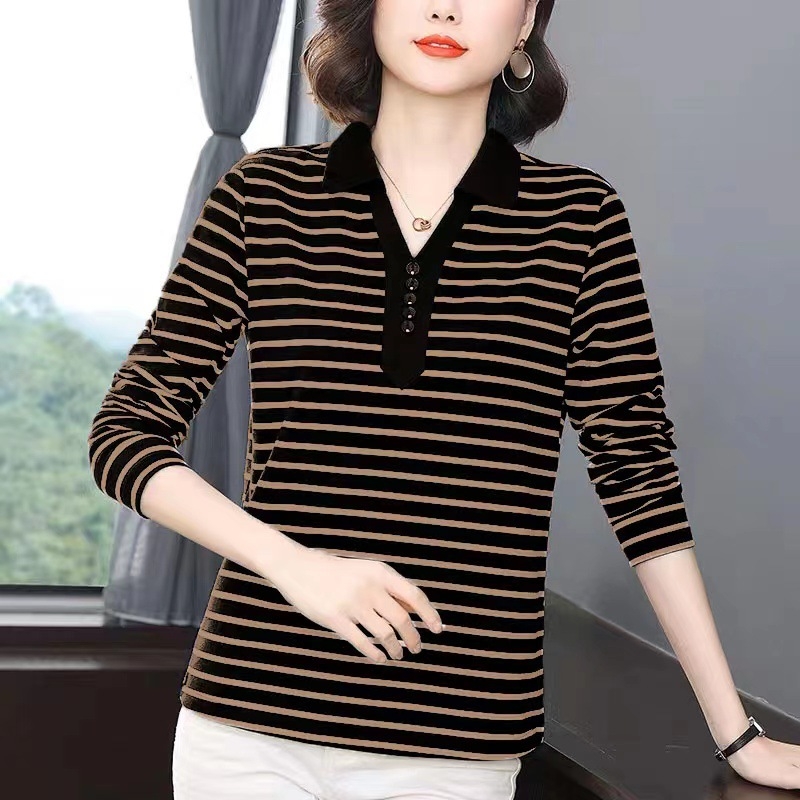 Női hosszú ujjú póló gallérral, csíkos mintázat, laza szabás, 95% poliészter
