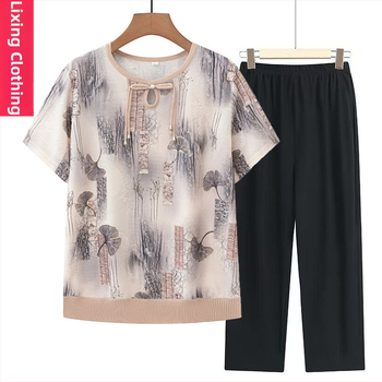 Lühikeste varrukatega särk ümmarguse kaelusega, Hiina stiili rahvusmustriga, naistele kesk- ja vanemale vanusele, polüester, kevad 2024