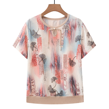 Lühikeste varrukatega särk ümmarguse kaelusega, Hiina stiili rahvusmustriga, naistele kesk- ja vanemale vanusele, polüester, kevad 2024