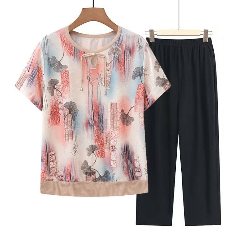 Lühikeste varrukatega särk ümmarguse kaelusega, Hiina stiili rahvusmustriga, naistele kesk- ja vanemale vanusele, polüester, kevad 2024