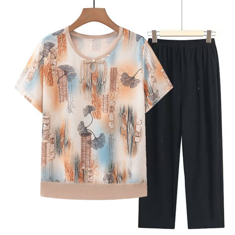 Lühikeste varrukatega särk ümmarguse kaelusega, Hiina stiili rahvusmustriga, naistele kesk- ja vanemale vanusele, polüester, kevad 2024