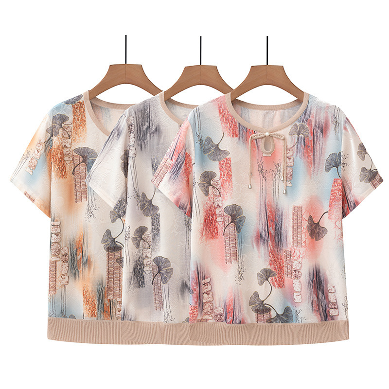 Lühikeste varrukatega särk ümmarguse kaelusega, Hiina stiili rahvusmustriga, naistele kesk- ja vanemale vanusele, polüester, kevad 2024