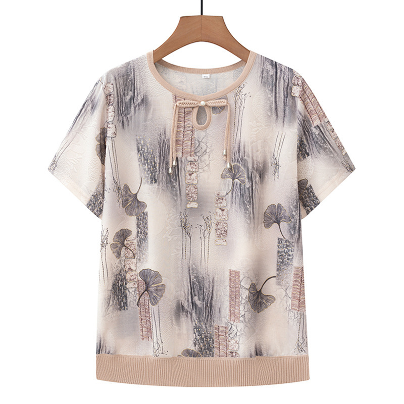 Lühikeste varrukatega särk ümmarguse kaelusega, Hiina stiili rahvusmustriga, naistele kesk- ja vanemale vanusele, polüester, kevad 2024