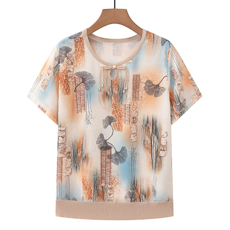 Lühikeste varrukatega särk ümmarguse kaelusega, Hiina stiili rahvusmustriga, naistele kesk- ja vanemale vanusele, polüester, kevad 2024