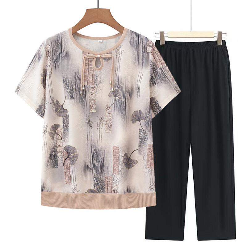 Lühikeste varrukatega särk ümmarguse kaelusega, Hiina stiili rahvusmustriga, naistele kesk- ja vanemale vanusele, polüester, kevad 2024