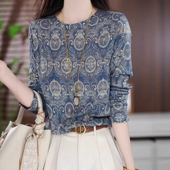Női hosszú ujjú felső virágmintás, kerek nyakú, poliészter 95%+, városi stílus