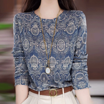 Női hosszú ujjú felső virágmintás, kerek nyakú, poliészter 95%+, városi stílus