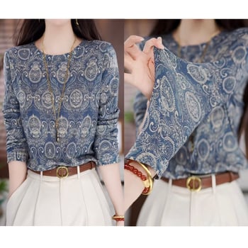 Női hosszú ujjú felső virágmintás, kerek nyakú, poliészter 95%+, városi stílus